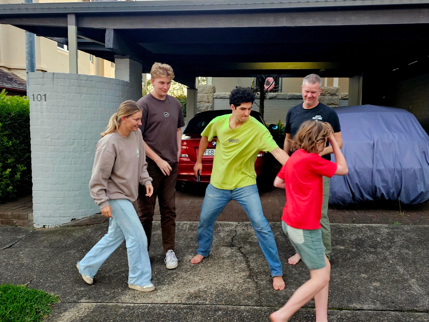 The family laughing together