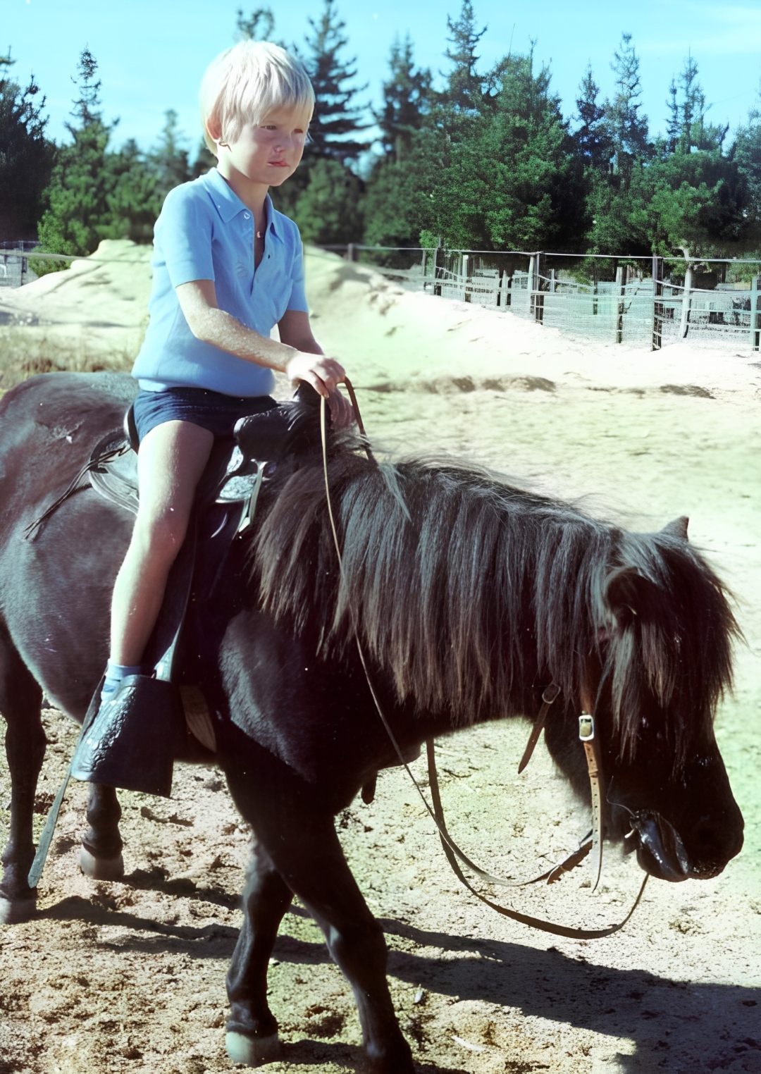 Craig as a boy on a black pony in a sandy paddock, pine trees behind