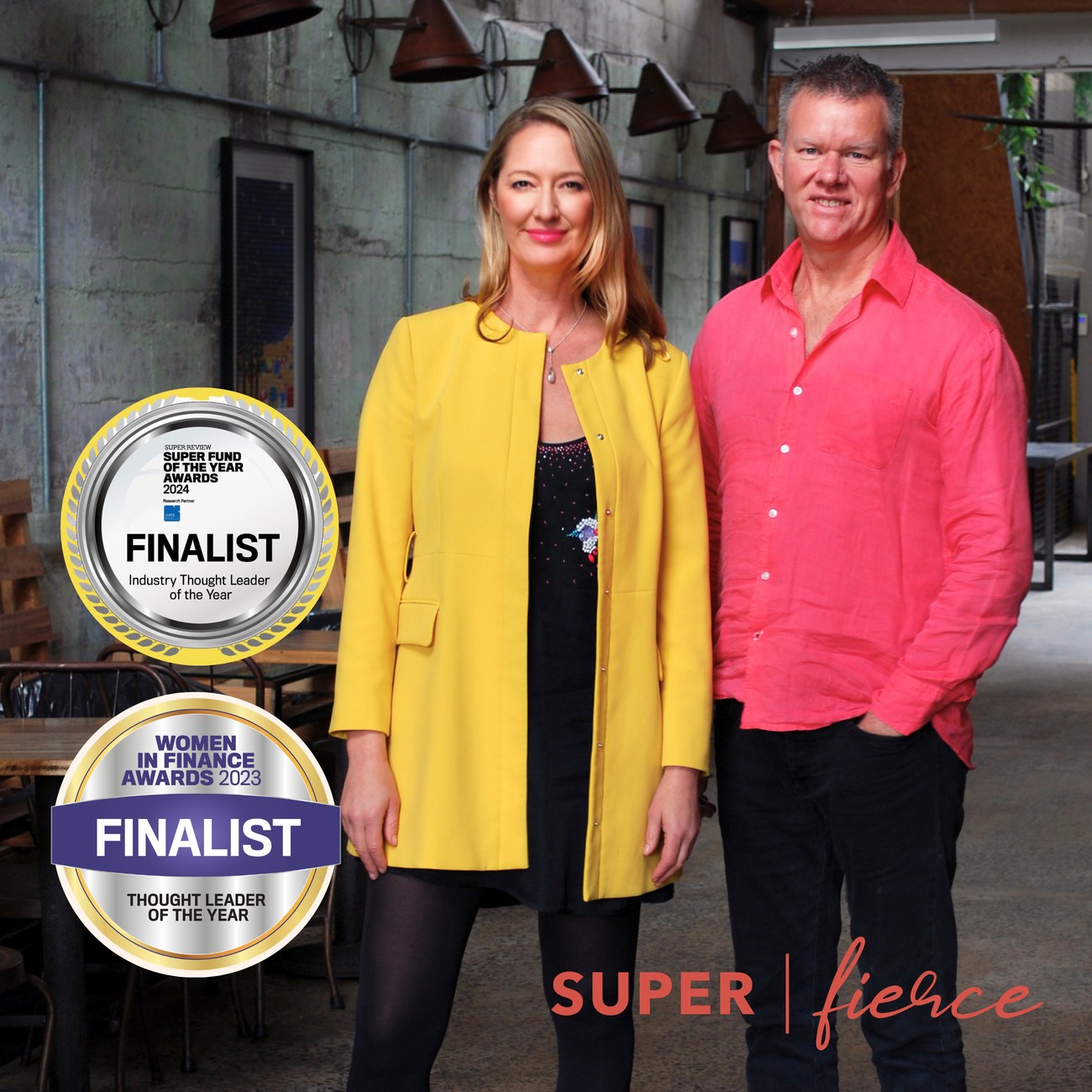 Trenna Probert and Craig Swanger standing together, with Super Fund of the Year and Women in Finance Awards 'Finalist' badges and the Super Fierce logo